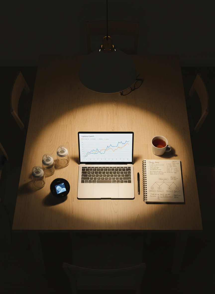 An overhead shot of a light birch dining table repurposed as a late-night workspace, illuminated by a single warm pendant lamp that creates a focused pool of light. On the table, a slim laptop shows a clean time-series forecast chart, while a spiral-bound notebook is filled with handwritten scenario notes and simple decision trees. To one side, a neatly arranged set of baby bottles and a small digital baby monitor with its screen softly glowing suggest family responsibilities nearby. The surrounding room falls into gentle shadow, emphasizing the illuminated work area. The composition is centered and balanced, with photographic realism and a contemplative, dedicated mood that highlights the intersection of data science, business decisions, and parenthood.