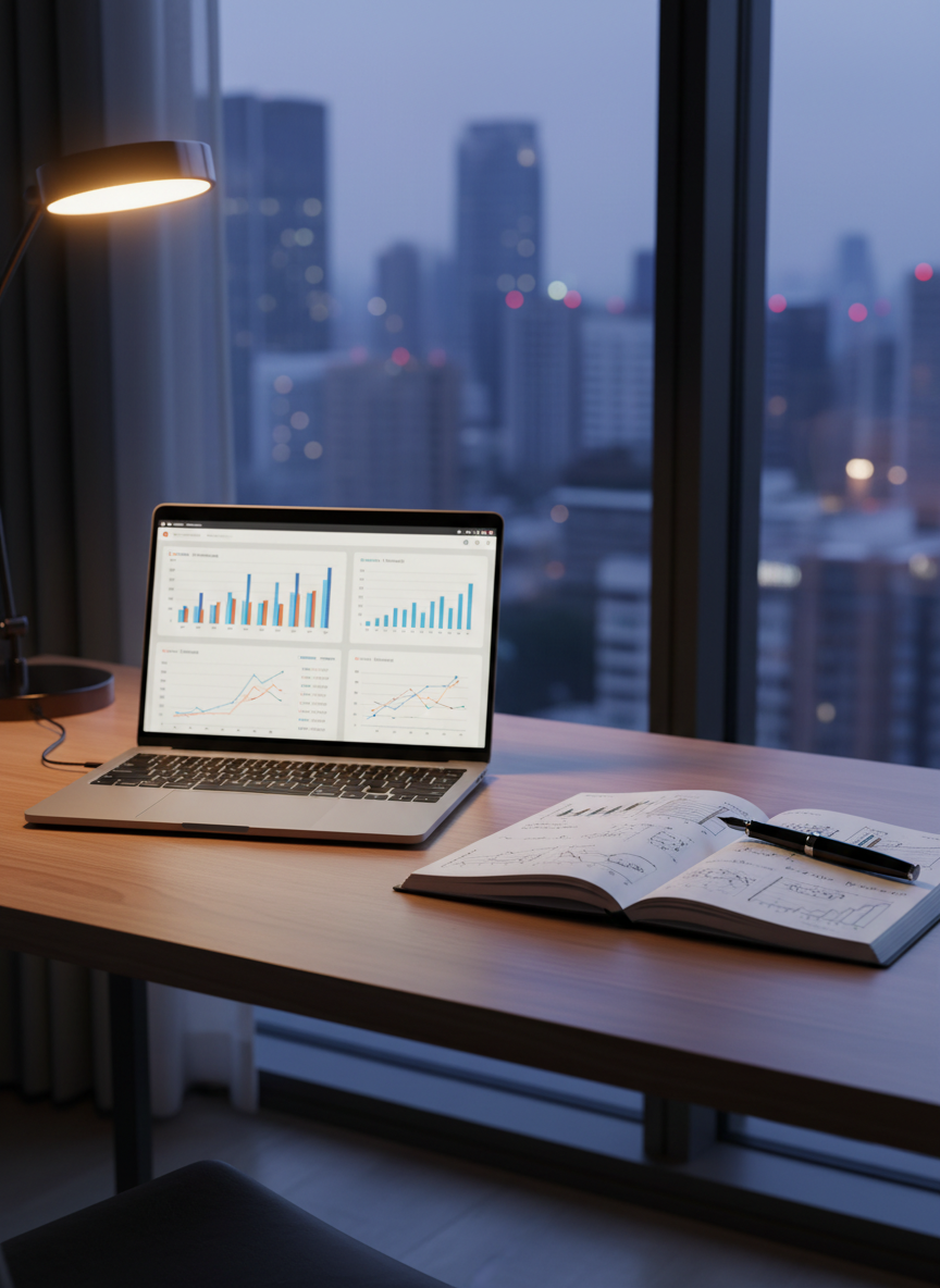 A sleek, modern wooden desk viewed from a slightly elevated angle, its surface organized with a slim laptop displaying a colorful forecasting dashboard, a graphite notebook open to neatly sketched time-series graphs, and a black fountain pen resting diagonally. Behind the desk, a large window reveals an out-of-focus city skyline at dusk. Cool, diffused natural light from the window mixes with a warm desk lamp, creating subtle reflections on the laptop’s metallic body and gentle shadows under the notebook. The mood is focused and professional yet calm, emphasizing analytical clarity. Photographic realism with a clean, minimalist aesthetic, shallow depth of field keeping the desk items in sharp focus while the background melts into a soft bokeh.