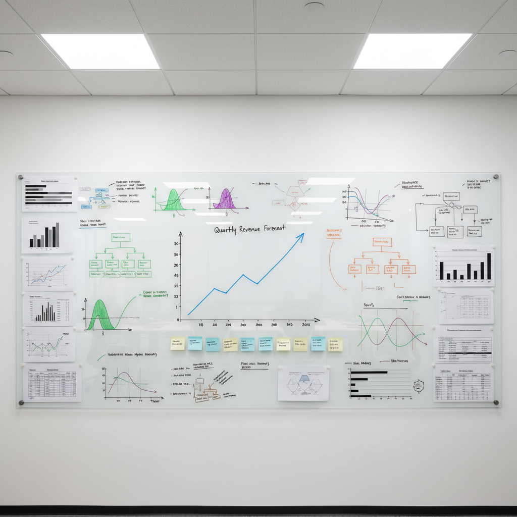 A meticulously arranged whiteboard wall in a contemporary office, covered with colorful but orderly forecast plots, probability distributions, and decision trees drawn in fine-tipped markers. Magnetic data printouts and neatly aligned sticky notes in muted tones frame the central chart showing a clear upward trend. Overhead LED panel lights cast even, soft illumination, eliminating harsh shadows and highlighting the glossy whiteboard surface. The scene is captured at eye level with a wide lens, emphasizing the breadth of information while maintaining legible detail in the center. The atmosphere is analytical and strategic, suggesting a space where data is translated into business decisions. Photographic realism with a clean, modern style and balanced composition using the rule of thirds.