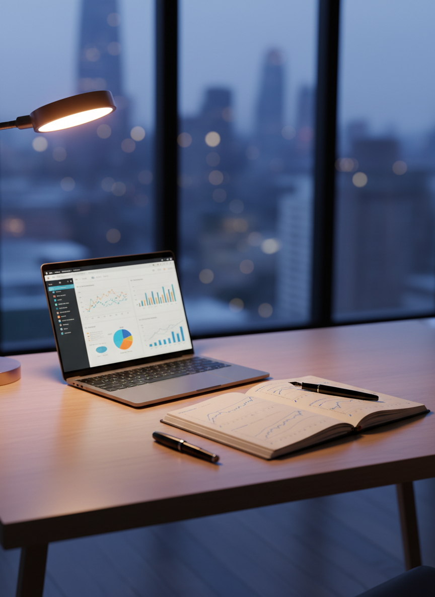 A sleek, modern wooden desk viewed from a slightly elevated angle, its surface organized with a slim laptop displaying a colorful forecasting dashboard, a graphite notebook open to neatly sketched time-series graphs, and a black fountain pen resting diagonally. Behind the desk, a large window reveals an out-of-focus city skyline at dusk. Cool, diffused natural light from the window mixes with a warm desk lamp, creating subtle reflections on the laptop’s metallic body and gentle shadows under the notebook. The mood is focused and professional yet calm, emphasizing analytical clarity. Photographic realism with a clean, minimalist aesthetic, shallow depth of field keeping the desk items in sharp focus while the background melts into a soft bokeh.