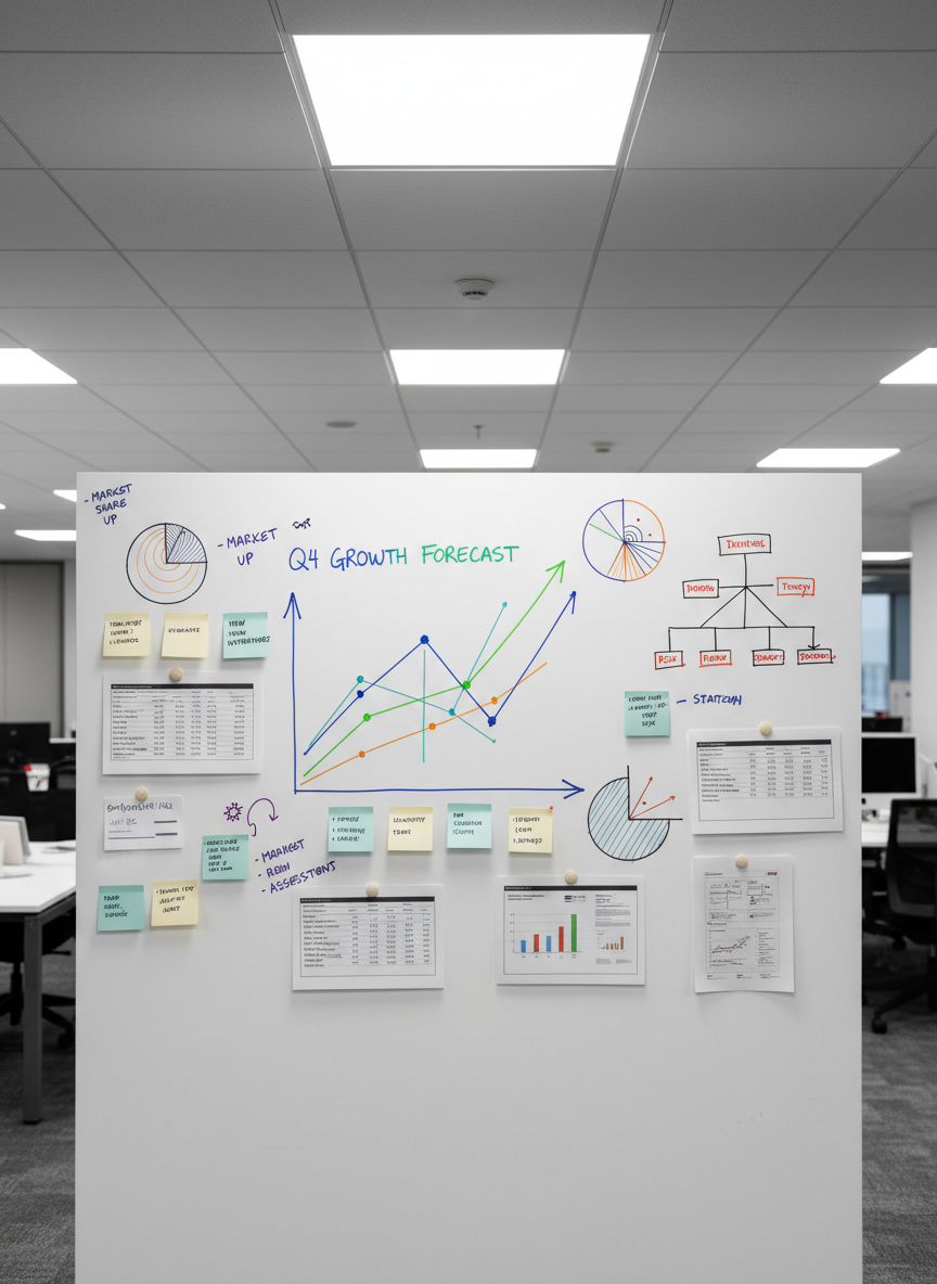 A meticulously arranged whiteboard wall in a contemporary office, covered with colorful but orderly forecast plots, probability distributions, and decision trees drawn in fine-tipped markers. Magnetic data printouts and neatly aligned sticky notes in muted tones frame the central chart showing a clear upward trend. Overhead LED panel lights cast even, soft illumination, eliminating harsh shadows and highlighting the glossy whiteboard surface. The scene is captured at eye level with a wide lens, emphasizing the breadth of information while maintaining legible detail in the center. The atmosphere is analytical and strategic, suggesting a space where data is translated into business decisions. Photographic realism with a clean, modern style and balanced composition using the rule of thirds.