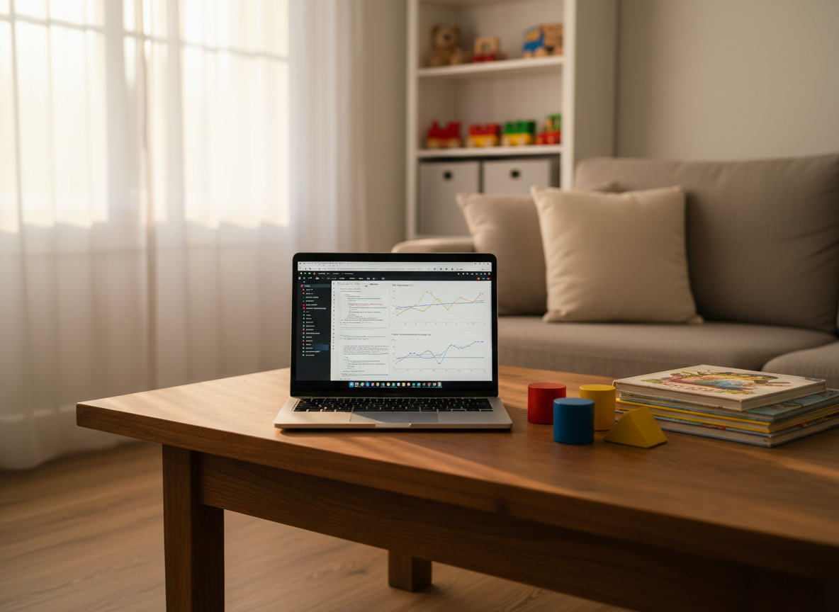 A warmly lit living room scene focused on a sturdy wooden coffee table holding an open laptop displaying a tidy Jupyter notebook filled with forecasting code and annotated plots. Next to the laptop, a few colorful wooden building blocks are scattered beside a neatly stacked set of children’s picture books, hinting at recent play. A soft, neutral-toned sofa and a bookshelf with organized boxes and toys blur gently in the background. Late afternoon sunlight filters through sheer curtains, casting a golden glow and long, soft shadows across the table. Captured from a slightly elevated angle with shallow depth of field, the mood balances professional concentration with the gentle chaos of family life. Photographic realism, cozy and relatable yet orderly.