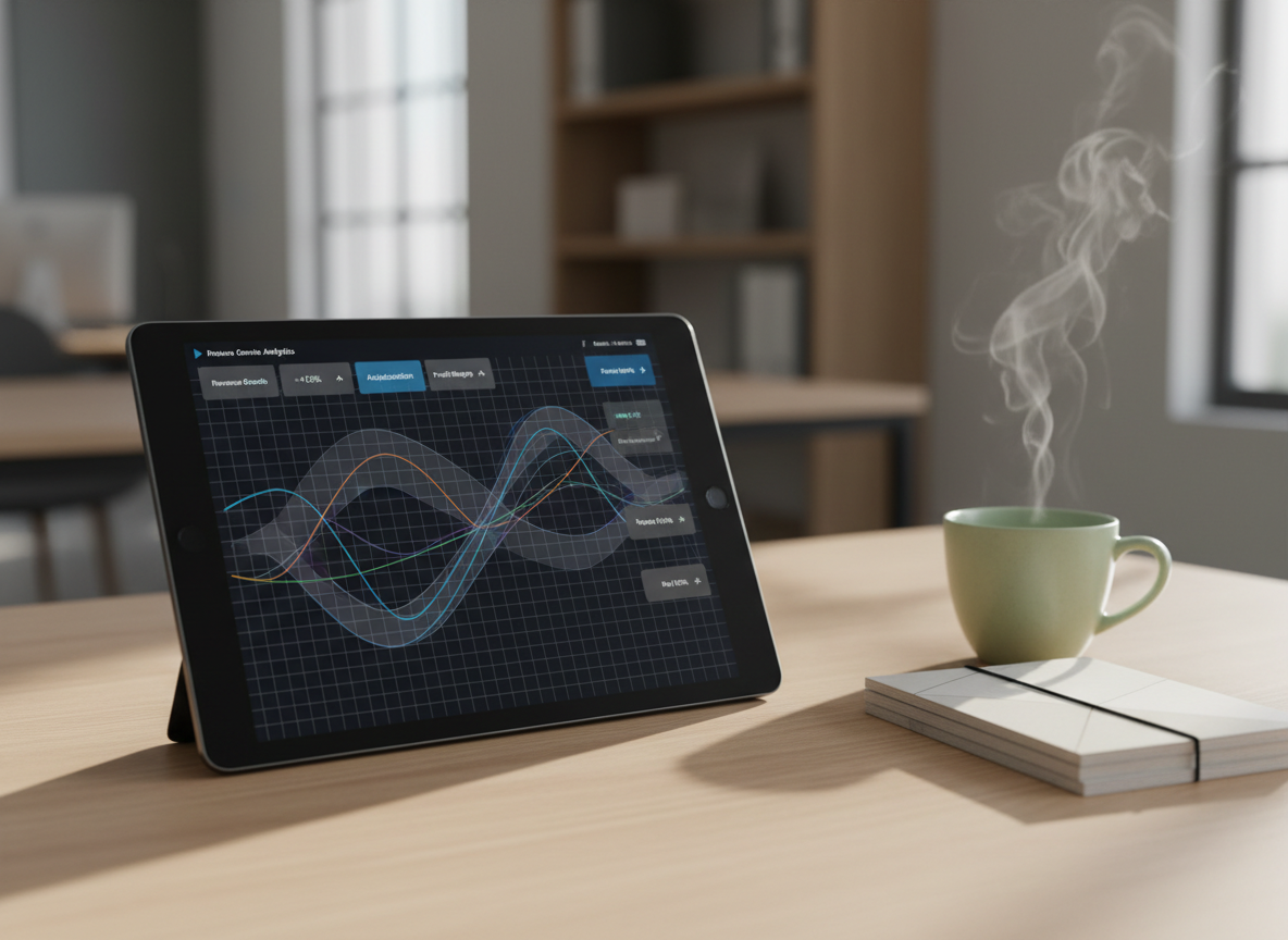 A close-up, eye-level shot of a dark charcoal tablet on a light oak table, its high-resolution screen showing an interactive predictive analytics dashboard with multi-colored time-series lines, uncertainty bands, and clear KPI tiles. Beside it, a small stack of business reports bound with minimalist covers, and a ceramic cup of green tea emitting a faint wisp of steam. Soft morning sunlight enters from the left, creating gentle highlights on the tablet’s beveled edge and subtle shadows of the cup’s handle, while the background fades into a blurred office interior. The mood is calm, precise, and forward-looking. Photographic realism, with shallow depth of field and a clean, data-centric composition that conveys thoughtful decision-making.